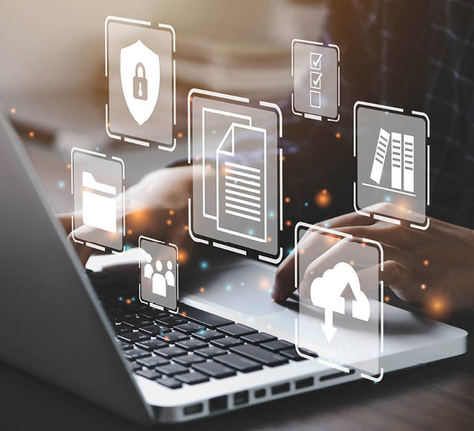 Ensemble des éléments pour une transition numérique réussi : documents électroniques, sauvegardes, cybersécurité, gestion d'un réseau en ligne,...